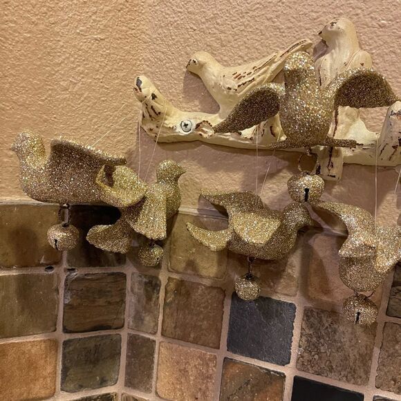 18 Gold Glitter Dove Ornaments With Bells - Picture 9 of 16